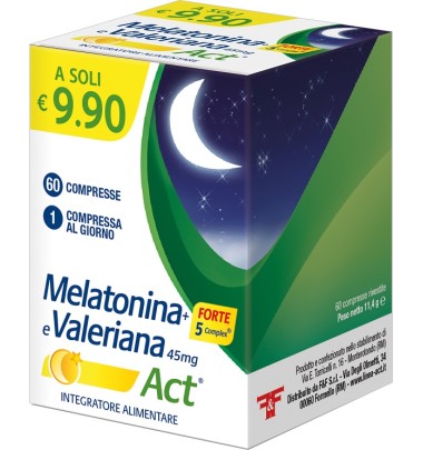 MELATONINA ACT+FT 5+VAL 60CPR -OFFERTISSIMA-ULTIMI PEZZI-ULTIMI ARRIVI-PRODOTTO ITALIANO-