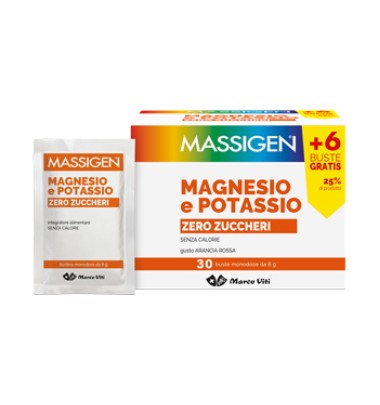 MASSIGEN MAGNESIO POTASSIO senza zucchero 24+6 Buste-PRODOTTO ITALIANO-ULTIMO ARRIVO-LUNGA SCADENZA-
